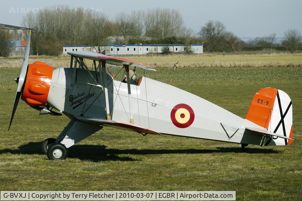 G-BVXJ, 1937 Bucker Bu-133C Jungmeister C/N E-19, 1953 Construcciones Aeronauticas Sa BUCKER BU133, c/n: E1-9  -  One of the many aircraft at Breighton on a fine Spring morning