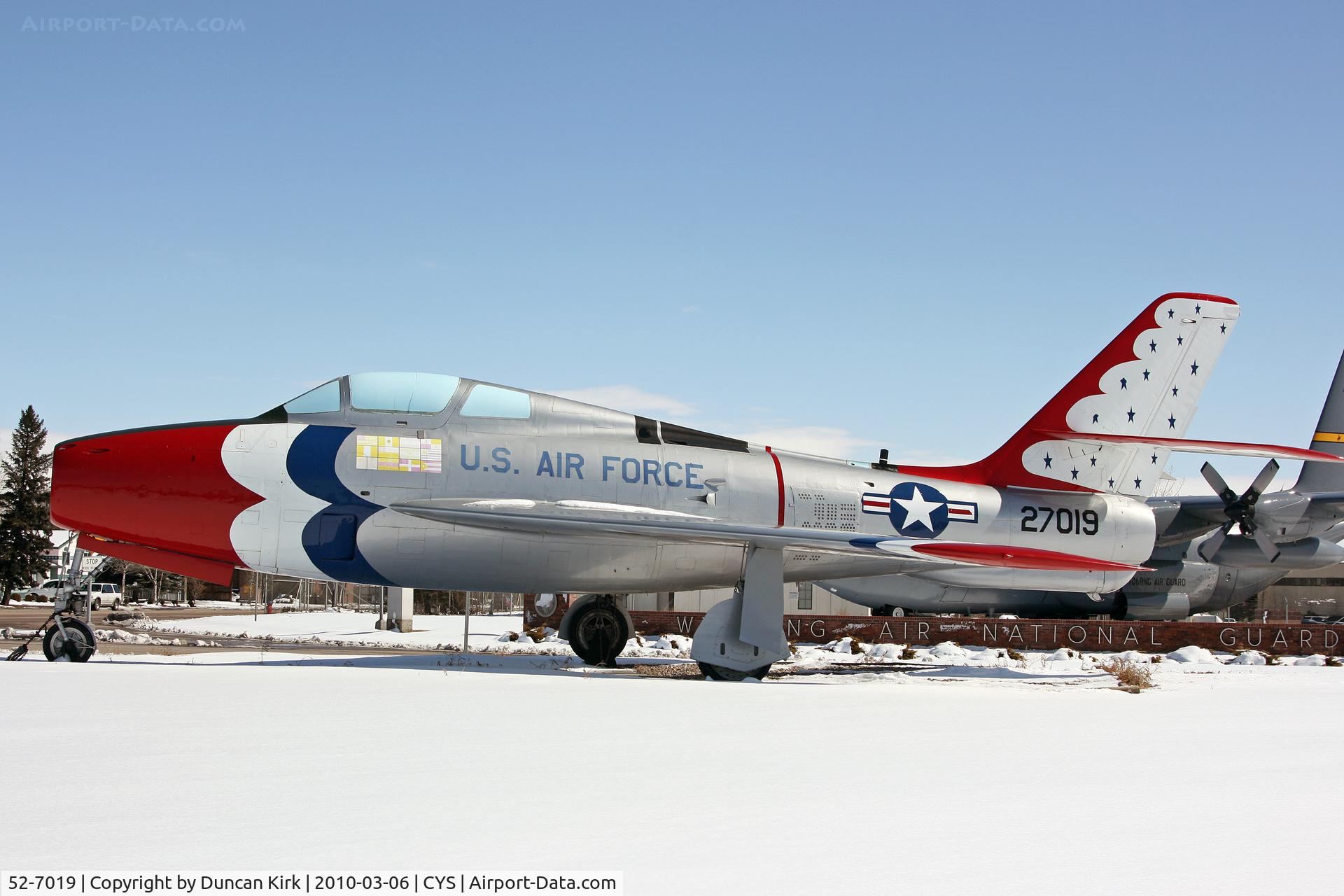 52-7019, 1952 Republic F-84F Thunderstreak C/N Not found 52-7019, F-84 gate guard for Wyoming ANG