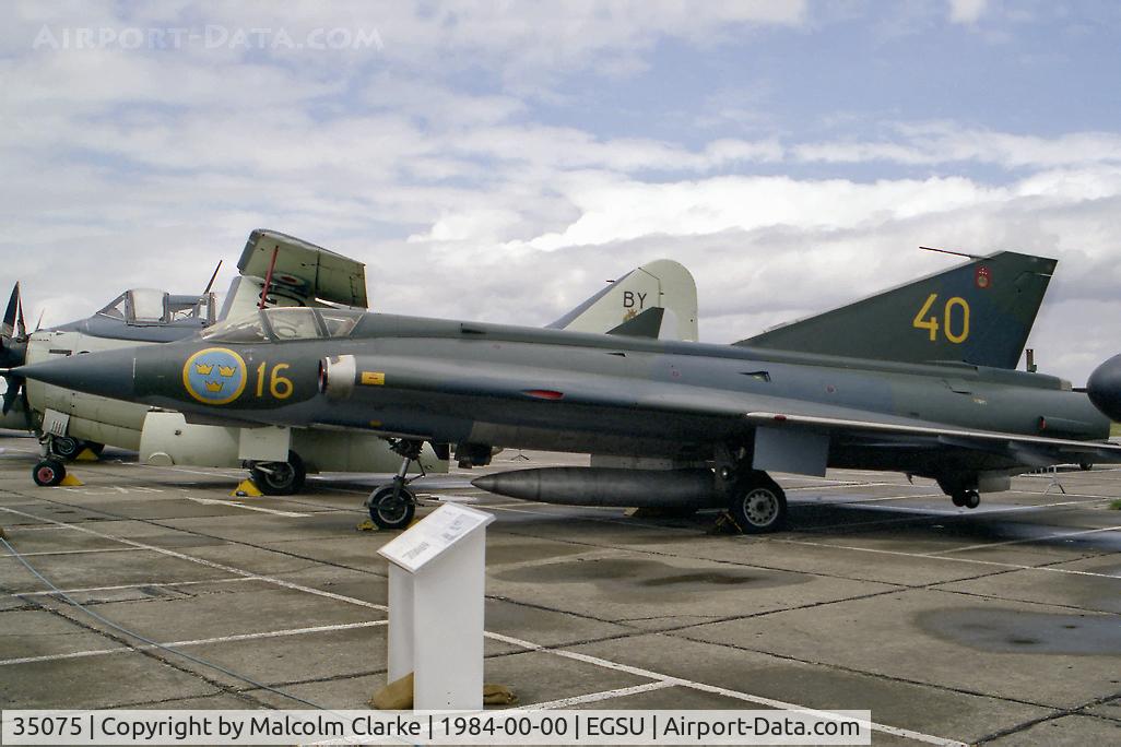 35075, Saab J-35A Draken C/N 35-075, Saab J35A Draken at The imperial War Museum Duxford in 1984. Ex F16 wing of the Swedish AF.