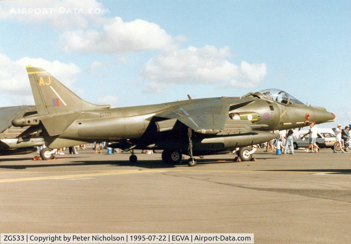 ZG533, 1991 British Aerospace Harrier GR.7 C/N P87, Harrier GR.7, callsign Rafair 600B, of 3 Squadron on display at the 1995 Intnl Air Tattoo at RAF Fairford.
