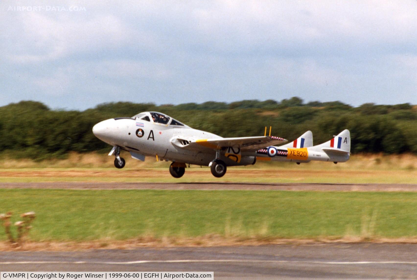 G-VMPR, 1955 De Havilland DH-115 Vampire T.11 C/N 15621, Flying from it's base in 1999. XE920 was the reserve aircraft for the RAF's Vintage Pair in the 1980's. Subsequently registered N94019 then N920DH.