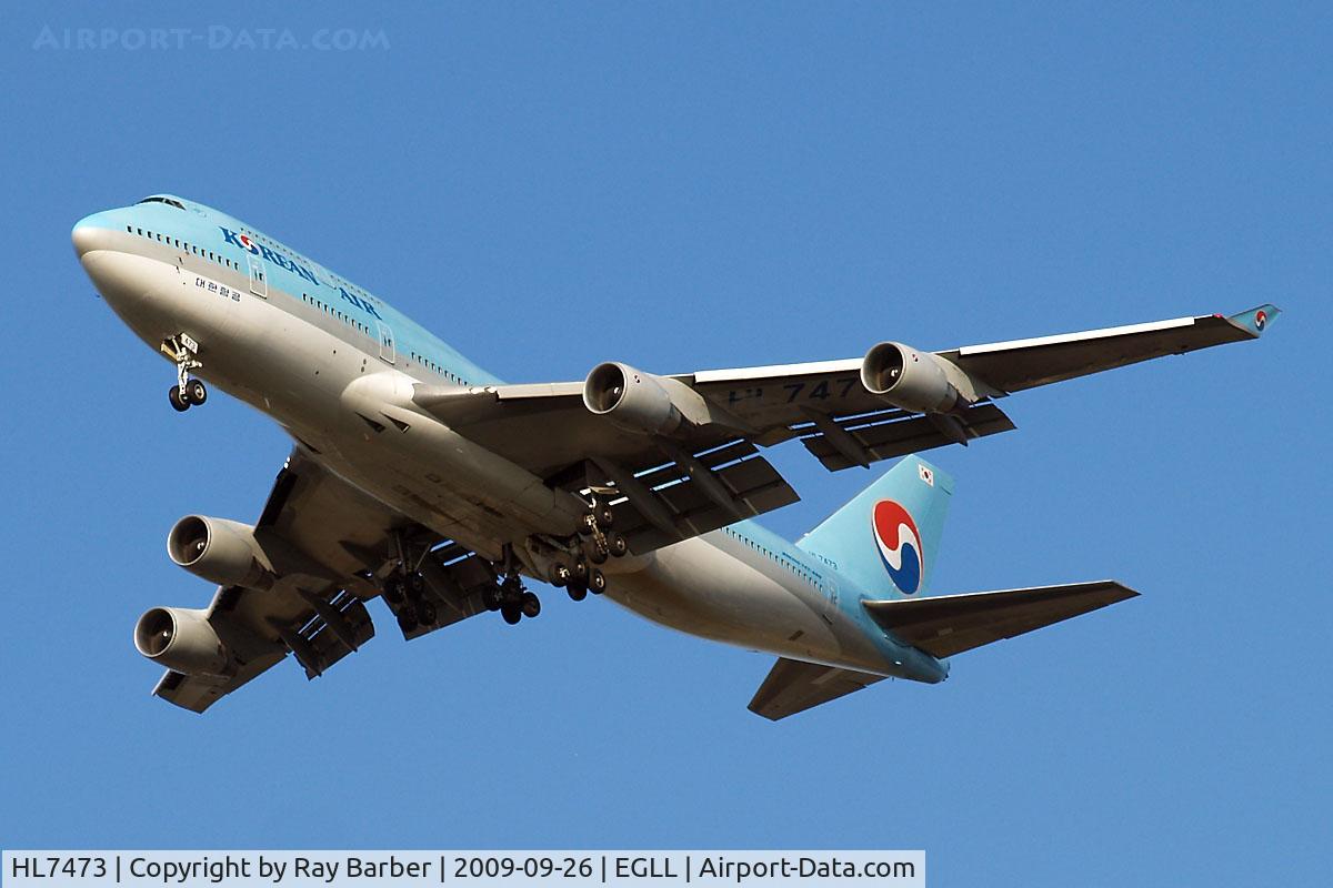 HL7473, 1996 Boeing 747-4B5 C/N 28335, HL7473   Boeing 747-4B5 [28335] (Korean Air) Home~G 26/09/2009. Taken on approach 3 miles out 27R London Heathrow Airport.