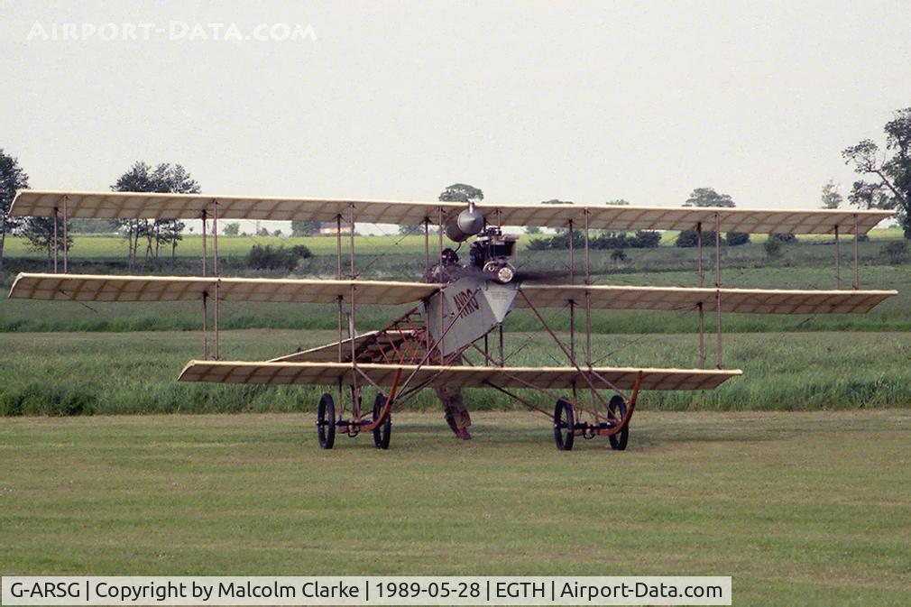 G-ARSG, 1964 Avro Roe Triplane Type IV replica C/N TRI.1, Avro Triplane IV (replica). During De Havilland Day at The Shuttleworth Trust in 1989.