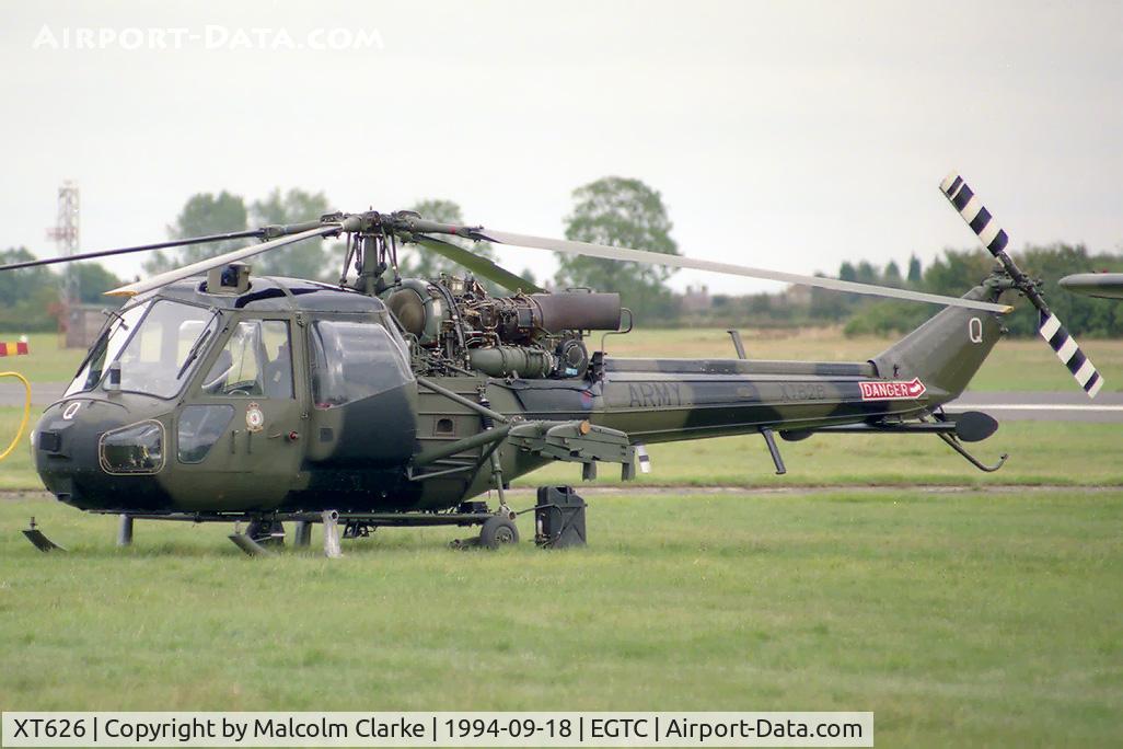 XT626, 1966 Westland Scout AH.1 C/N F9632, Westland Scout AH1. Flown by the Army Air Corps Historic Flight at Cranfield's Air Show and Helifest in 1994.