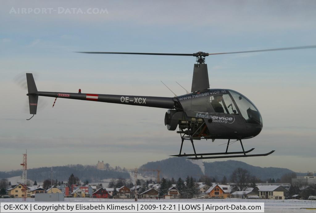 OE-XCX, 2002 Robinson R22 Beta II C/N 3290, hovering on Taxiway Lima