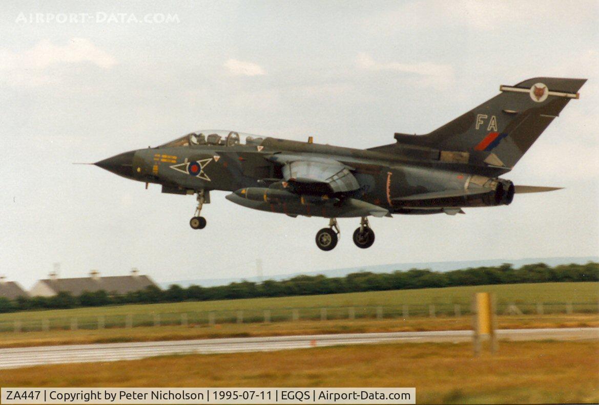 ZA447, 1983 Panavia Tornado GR.1 C/N 235/BS077/3113, Tornado GR.1B of 12 Squadron landing at RAF Lossiemouth in the Summer of 1995.