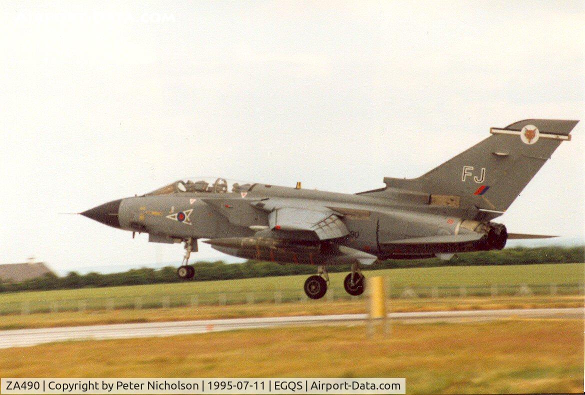 ZA490, 1983 Panavia Tornado GR.1B C/N 305/BS106/3142, Tornado GR.1B, callsign Jackal 2, of 12 Squadron landing at RAF Lossiemouth in the Summer of 1995.