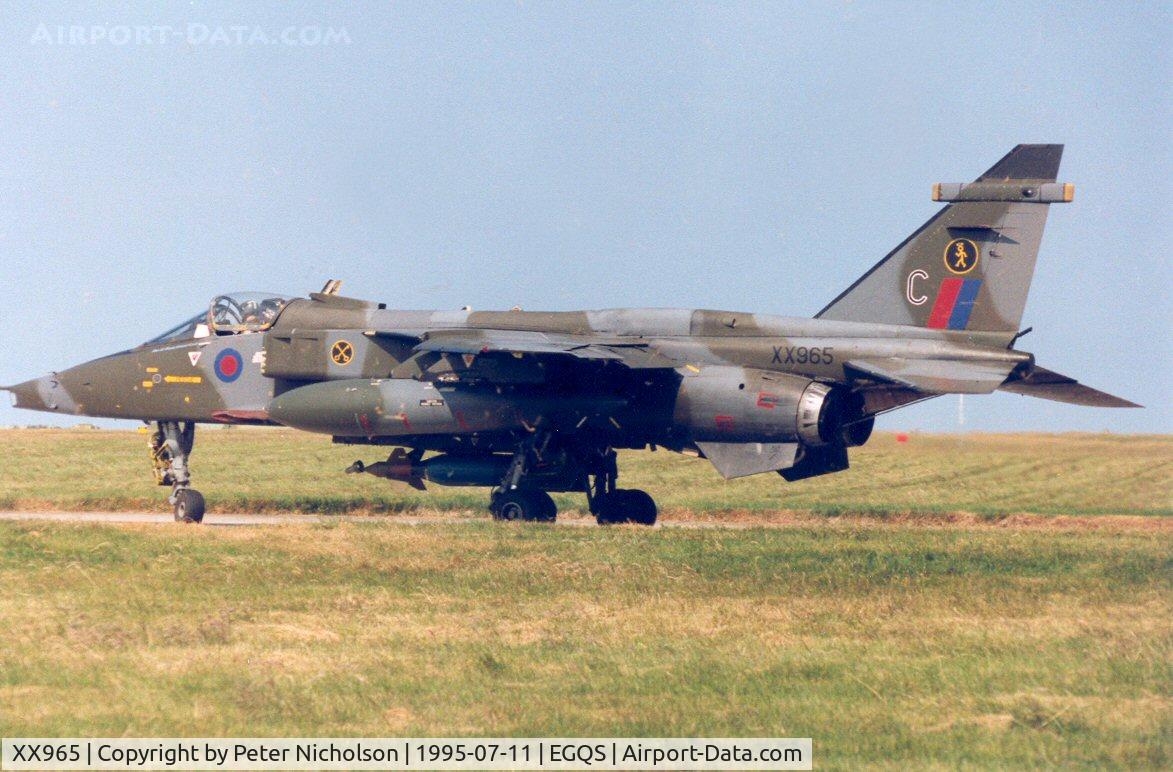 XX965, 1975 Sepecat Jaguar GR.1A C/N S.87, Jaguar GR.1A, callsign Wildcat 1, of 16[Reserve] Squadron taxying to the apron at RAF Lossiemouth in the Summer of 1995.