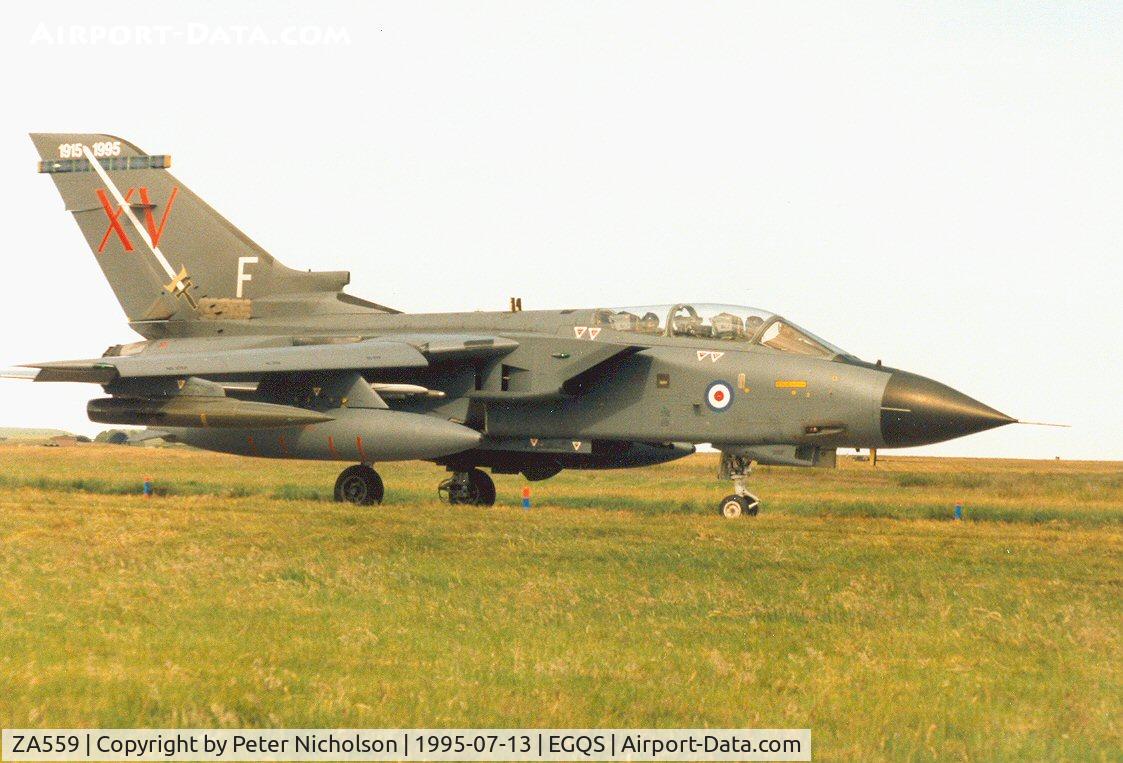 ZA559, 1981 Panavia 081/BS023/3043 C/N 081/BS023/3043, Tornado GR.1 of 15[Reserve] Squadron taxying to the active runway at RAF Lossiemouth in the Summer of 1995.