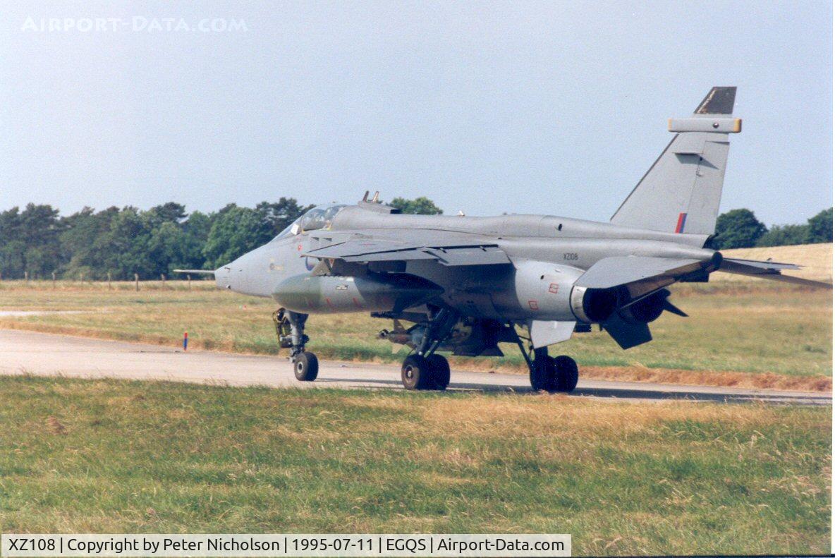 XZ108, 1976 Sepecat Jaguar GR.1A C/N S.109, Jaguar GR.1A, callsign Wildcat 3, of 16[Reserve] Squadron taxying to the active runway at RAF Lossiemouth in the Summer of 1995.