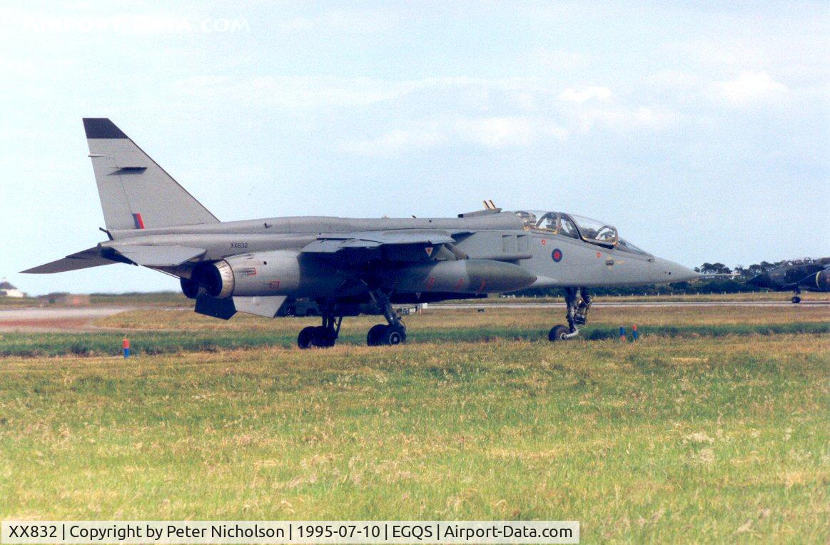 XX832, 1974 Sepecat Jaguar T.2A C/N B.20, Jaguar T.2A of 16[Reserve] Squadron awaiting clearance to join the active runway at RAF Lossiemouth in the Summer of 1995.