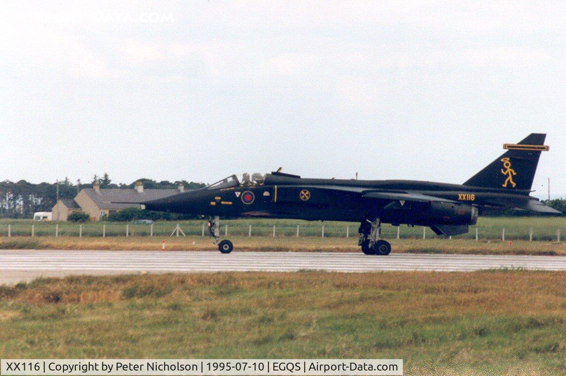 XX116, 1973 Sepecat Jaguar GR.1A C/N S.9, 16[Reserve] Squadron's Jaguar GR.1A display aircraft preparing to depart RAF Lossiemouth in the Summer of 1995.