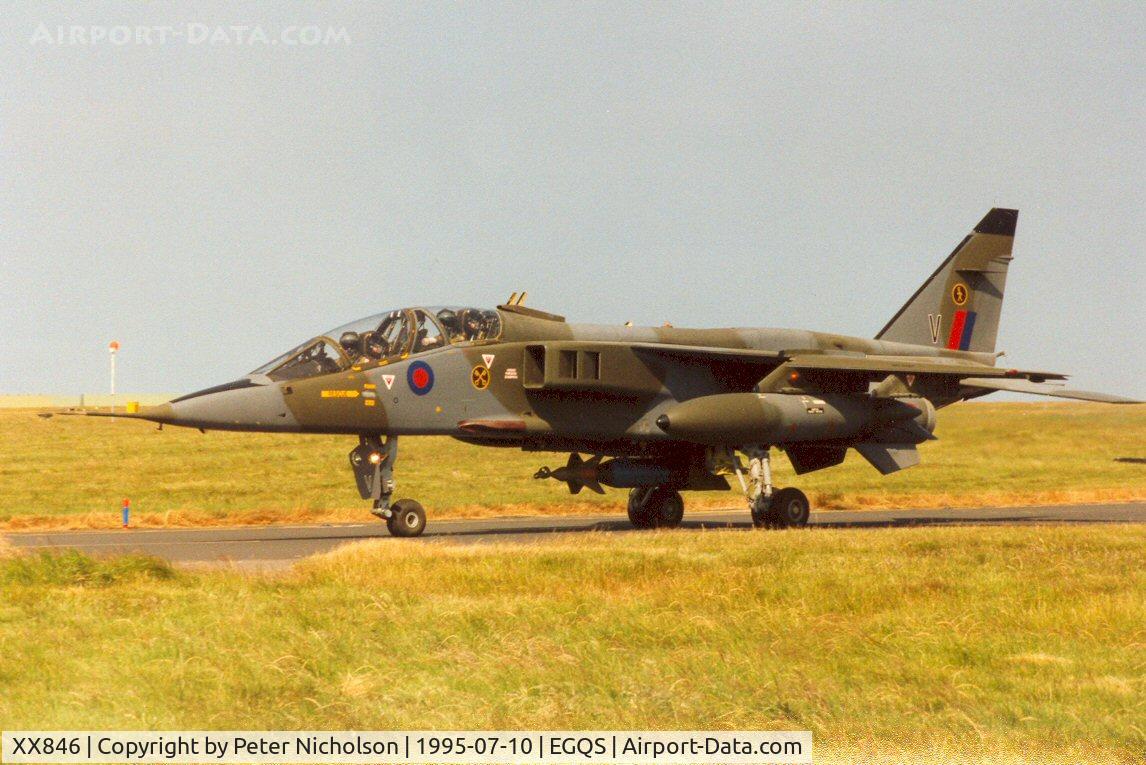 XX846, 1975 Sepecat Jaguar T.2 C/N B.34, Jaguar T.2, callsign Wildcat 4, of 16[Reserve] Squadron at RAF Lossiemouth in the Summer of 1995.