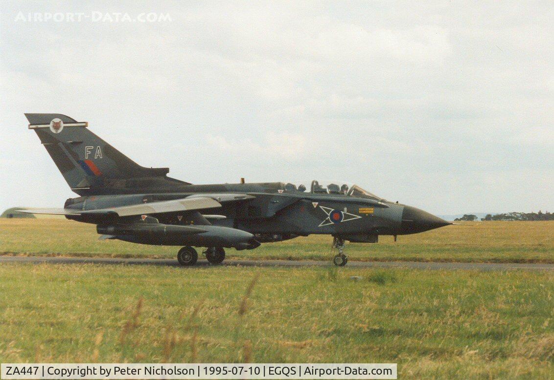 ZA447, 1983 Panavia Tornado GR.1 C/N 235/BS077/3113, Tornado GR.1 of 12 Squadron taxying to the active runway at RAF Lossiemouth in the Summer of 1995.