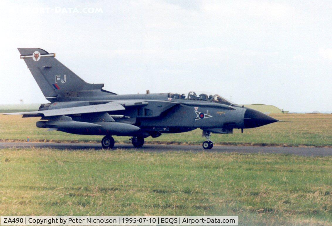 ZA490, 1983 Panavia Tornado GR.1B C/N 305/BS106/3142, Tornado GR.1B of 12 Squadron taxying to the active runway at RAF Lossiemouth in the Summer of 1995.