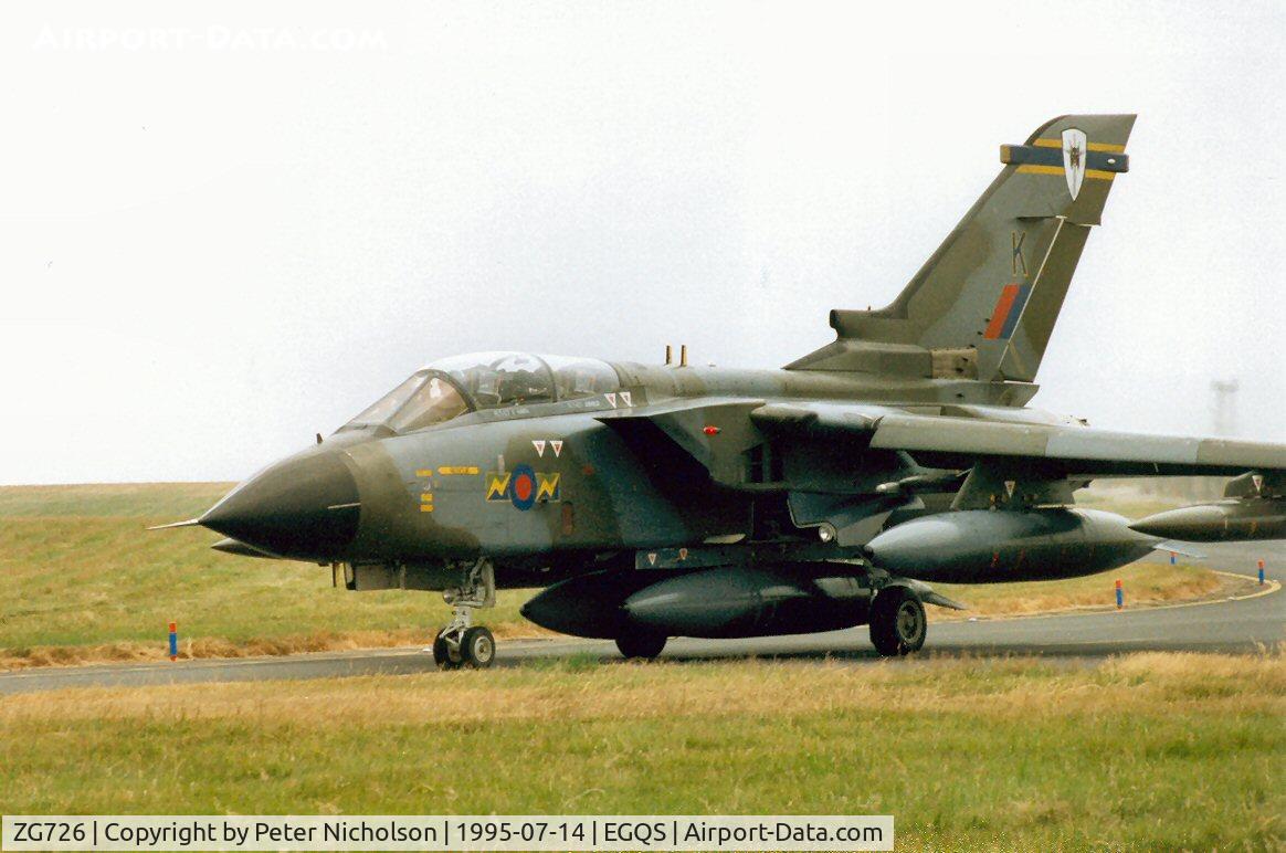 ZG726, 1990 Panavia Tornado GR.1A C/N 829/BS183/3400, Tornado GR.1A, callsign Lancer 2, of 31 Squadron at RAF Marham taxying to the active runway at RAF Lossiemouth in the Summer of 1995.