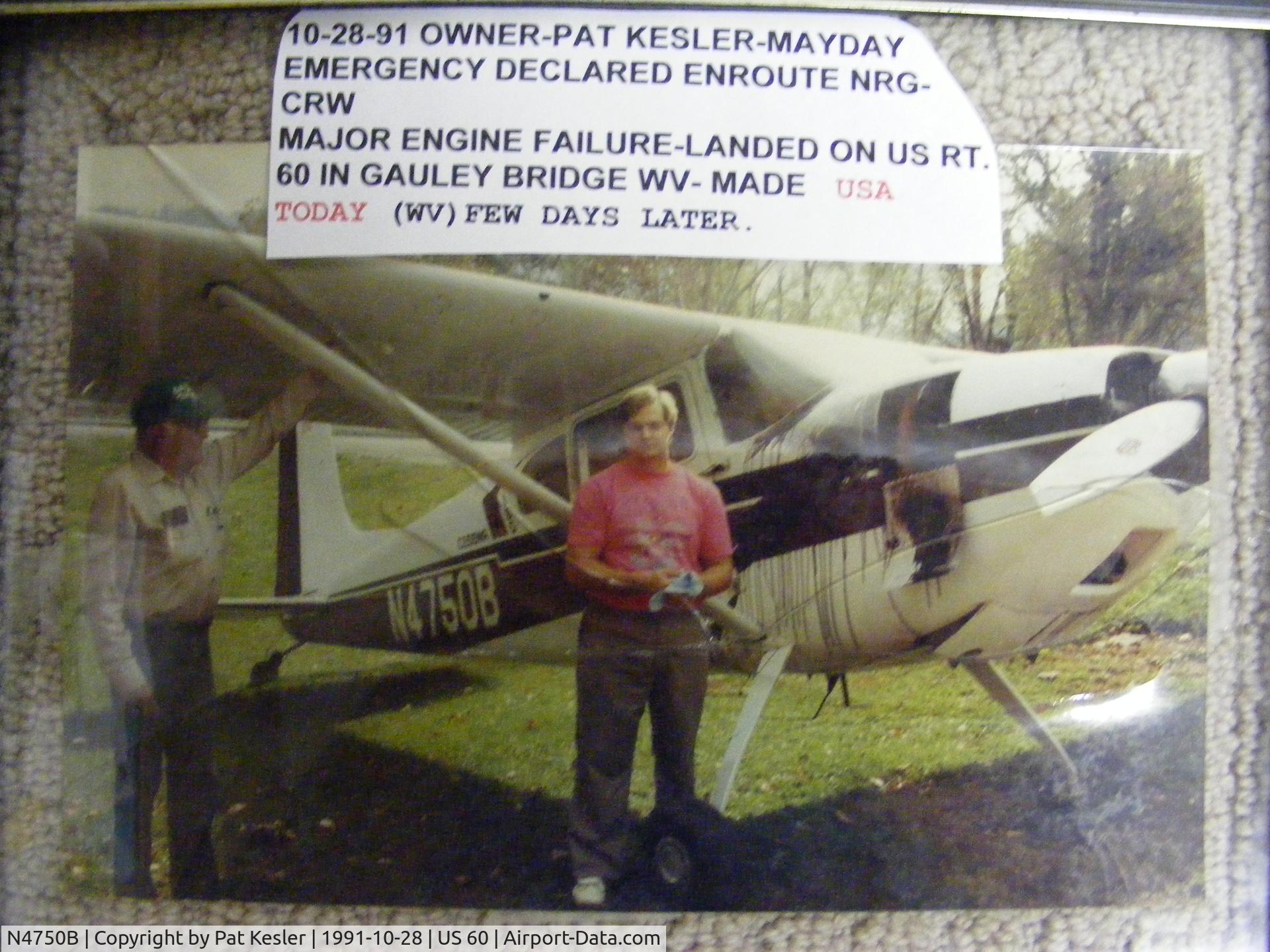 N4750B, 1955 Cessna 180 C/N 31648, Taken on us rt 60 in Gauley Bridge Wv. Forced landing after major engine failure.Landed with traffic. 10/28/91