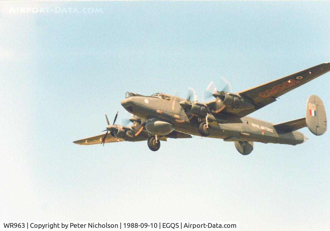 WR963, 1954 Avro 696 Shackleton AEW.2 C/N Not found WR963, Shackleton AEW.2 of 8 Squadron on practice approach to RAF Lossiemouth with engine number 4 feathered in September 1988.