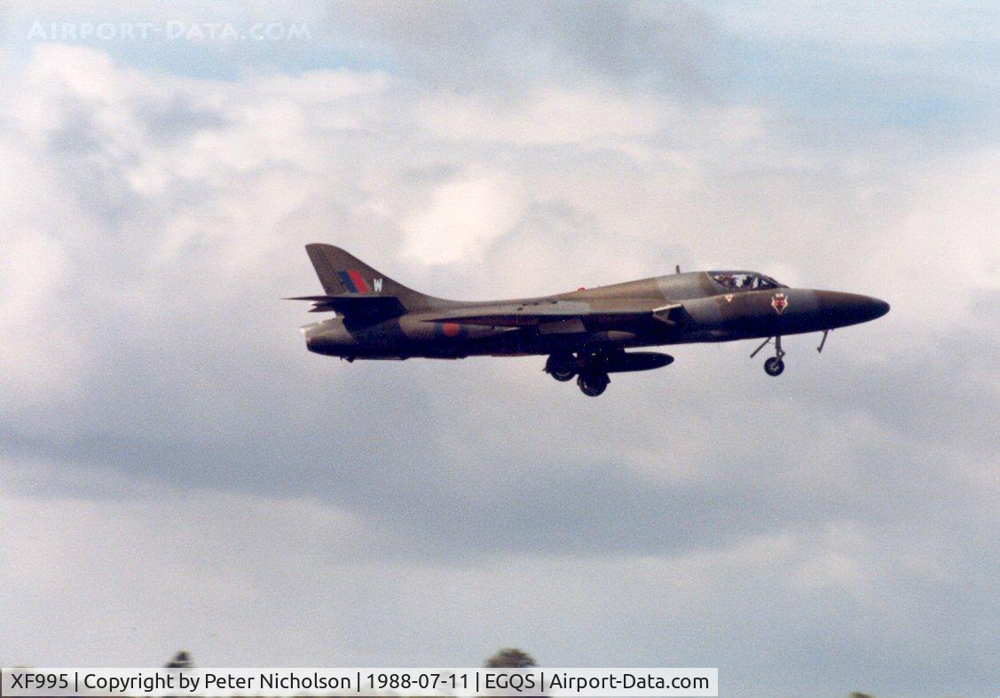 XF995, 1956 Hawker Hunter T.8B C/N HABL-003150, Hunter T.8B of 12 Squadron on final approach to RAF Lossiemouth in the Summer of 1988.