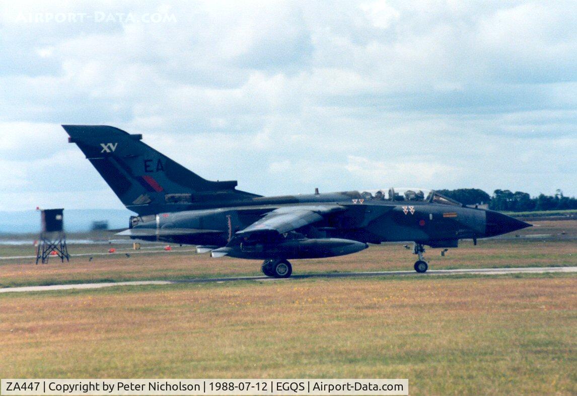 ZA447, 1983 Panavia Tornado GR.1 C/N 235/BS077/3113, Tornado GR.1 of RAF Bruggen's 15 Squadron awaiting clearance to join the active runway at RAF Lossiemouth in the Summer of 1988.