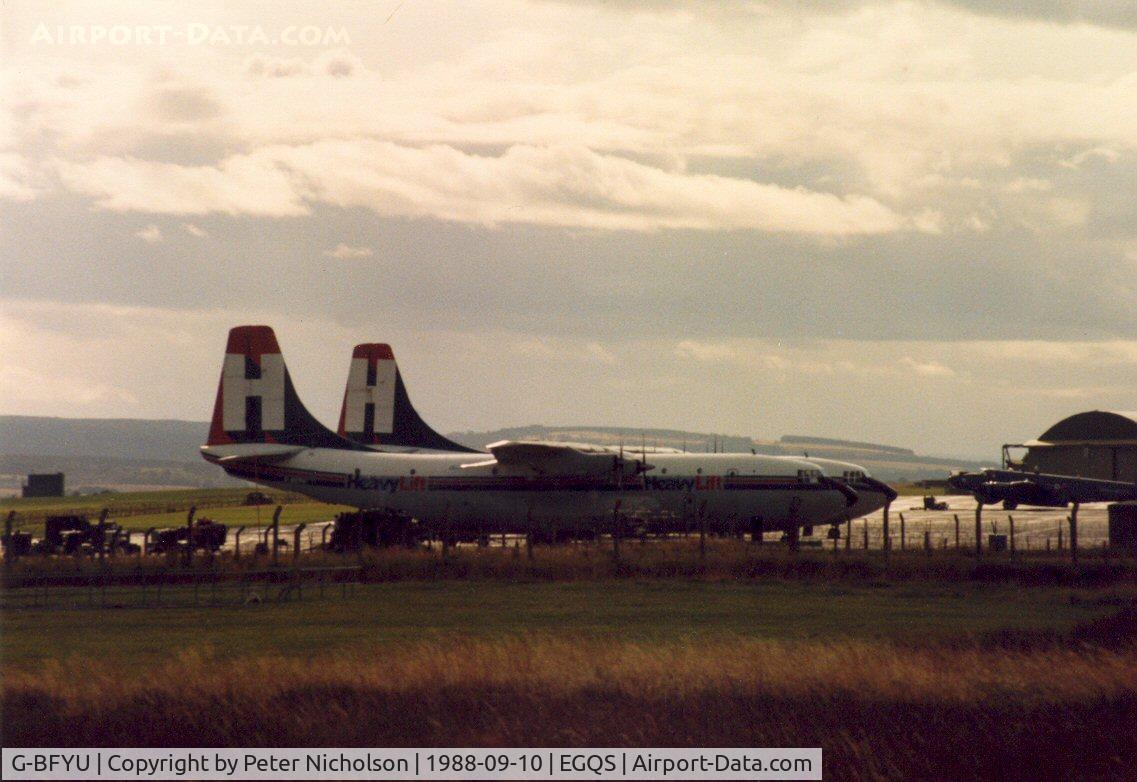G-BFYU, 1965 Short SC-5 Belfast C1 C/N SH.1821, Together with companion G-BEPS, Heavylift SC.5 Belfast G-BFYU overnighted at RAF Lossiemouth in September 1988.