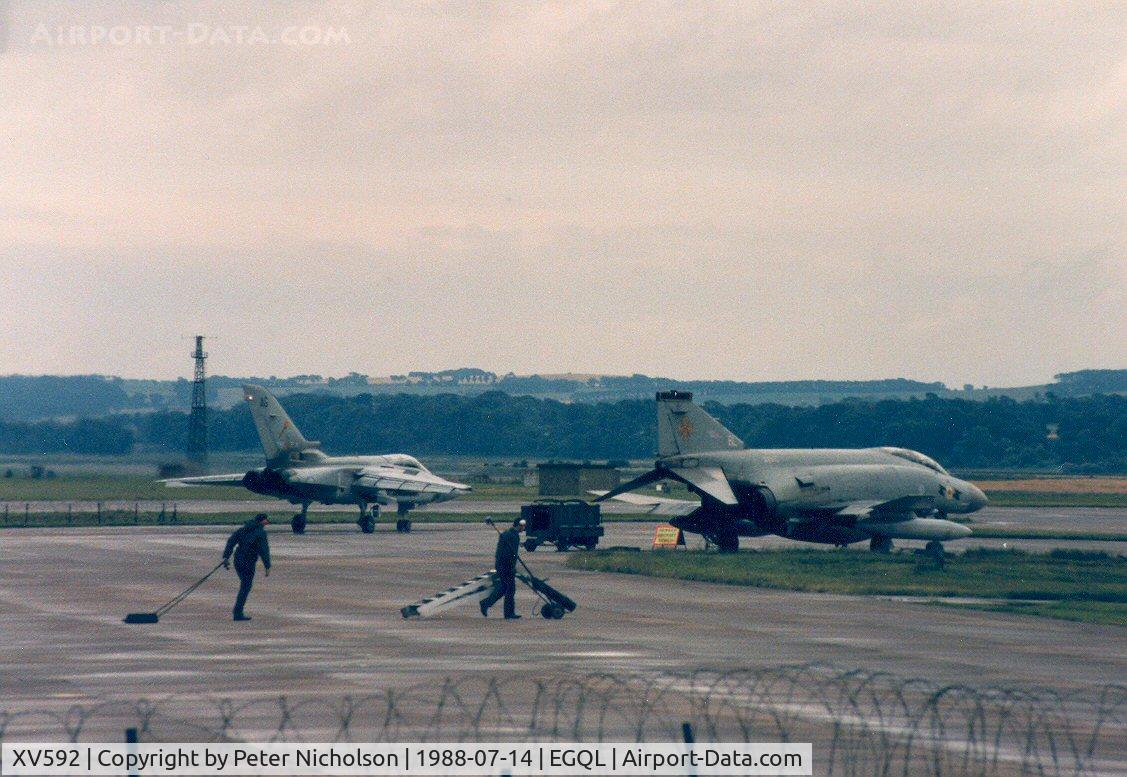 XV592, 1969 McDonnell Douglas Phantom FG1 C/N 9346/3424, Phantom FG.1 of 111 Squadron on QRA duty at RAF Leuchars in the Summer of 1988 with departing Tornado F.3 ZE 340 of 229 Operational Conversion Unit which would later undertake this Quick Reaction Alert role.