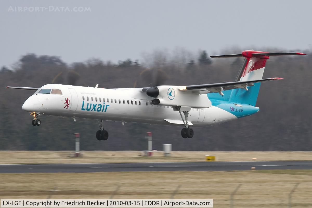 LX-LGE, 2009 De Havilland Canada DHC-8-402Q Dash 8 C/N 4284, moments before touchdown