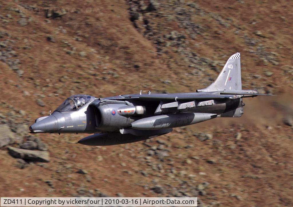 ZD411, 1989 British Aerospace Harrier GR.7A C/N P40, Royal Navy Harrier GR7 (c/n P40). Operated by the Naval Strike Wing. This is the last airworthy GR7. Dunmail Raise, Cumbria.