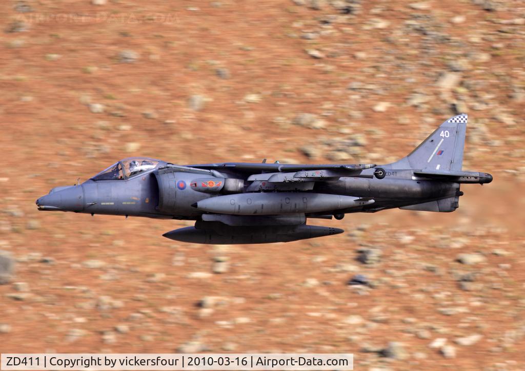 ZD411, 1989 British Aerospace Harrier GR.7A C/N P40, Royal Navy Harrier GR7 (c/n P40). Operated by the Naval Strike Wing. This is the last airworthy GR7. Dunmail Raise, Cumbria.