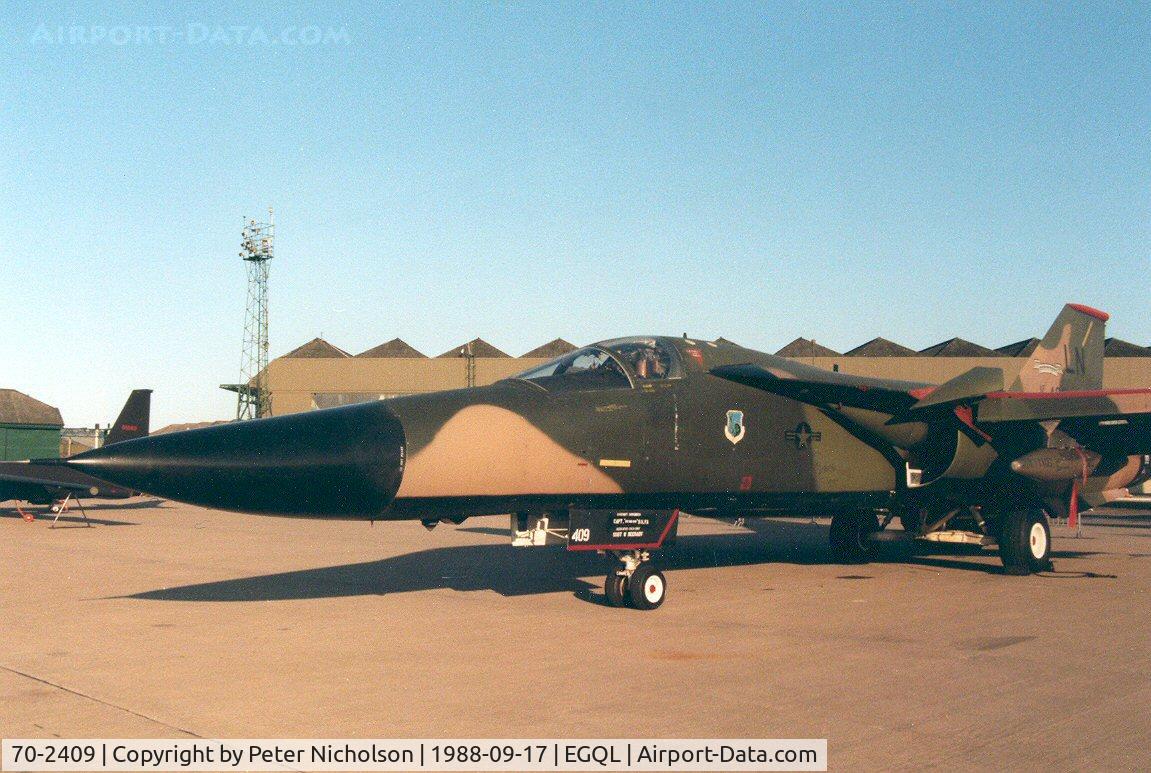 70-2409, 1970 General Dynamics F-111F Aardvark C/N E2-48, F-111F of 494th Tactical Fighter Squadron/48th Tactical Fighter Wing at RAF Lakenheath on display at the 1988 RAF Leuchars Airshow.