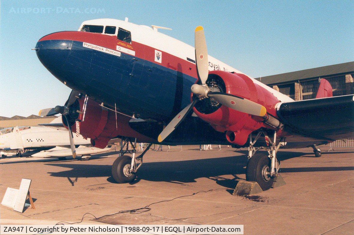 ZA947, 1943 Douglas C-47A-60-DL Dakota III C/N 10200, Dakota C.3 of the Royal Aircraft Establishment at West Freugh in the static park at the 1988 RAF Leuchars Airshow.