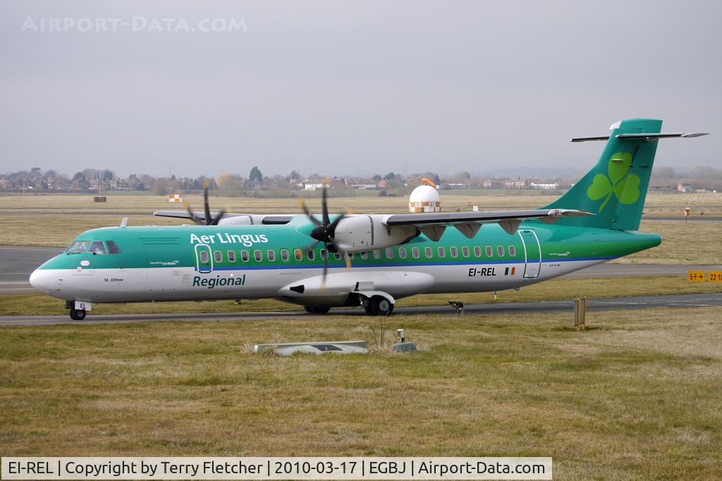 EI-REL, 2007 ATR 72-212A C/N 748, Aer Arran ATR72 painted in Aer Lingus Regional colours bring in Horse race fans at Gloucestershire (Staverton) Airport