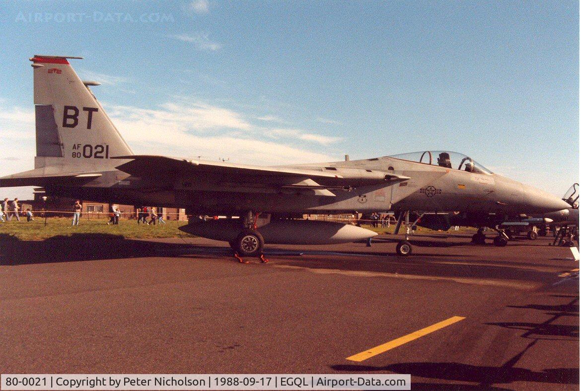 80-0021, 1980 McDonnell Douglas F-15C Eagle C/N 0663/C170, F-15C Eagle of 22nd Tactical Fighter Squadron/36th Tactical Fighter Wing based at Bitburg on display at the 1988 RAF Leuchars Airshow.