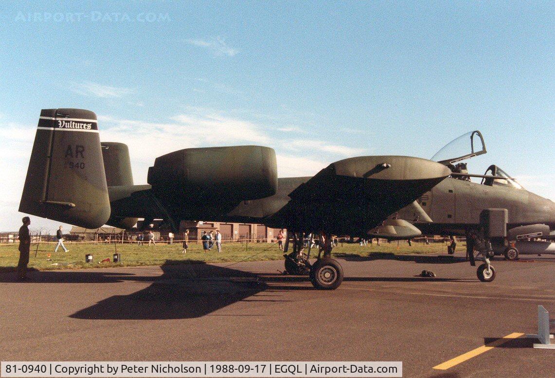81-0940, 1981 Fairchild Republic A-10A Thunderbolt II C/N A10-0635, A-10A Thunderbolt of RAF Alconbury's 511th Tactical Fighter Squadron/10th Tactical Fighter Wing on display at the 1988 RAF Leuchars Airshow.