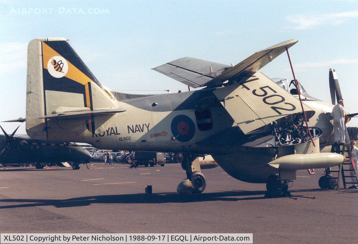 XL502, 1961 Fairey Gannet AEW.3 C/N F9461, Gannet AEW.3 in markings of 849 Squadron and still airworthy on the civil register as G-BMYP on display at the 1988 RAF Leuchars Airshow.