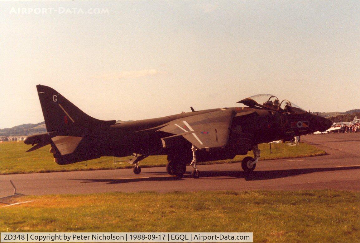 ZD348, 1988 British Aerospace Harrier GR.5 C/N P15, Harrier GR.5 of 233 Operational Conversion Unit arriving at the 1988 RAF Leuchars Airshow only one month after delivery into service.