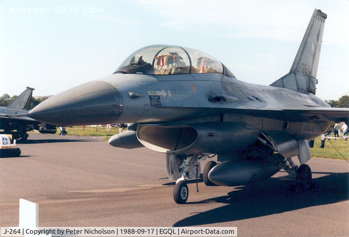 J-264, Fokker F-16B Fighting Falcon C/N 6E-6, F-16B Falcon of 322 Squadron Royal Netherlands Air Force on display at the 1988 RAF Leuchars Airshow.