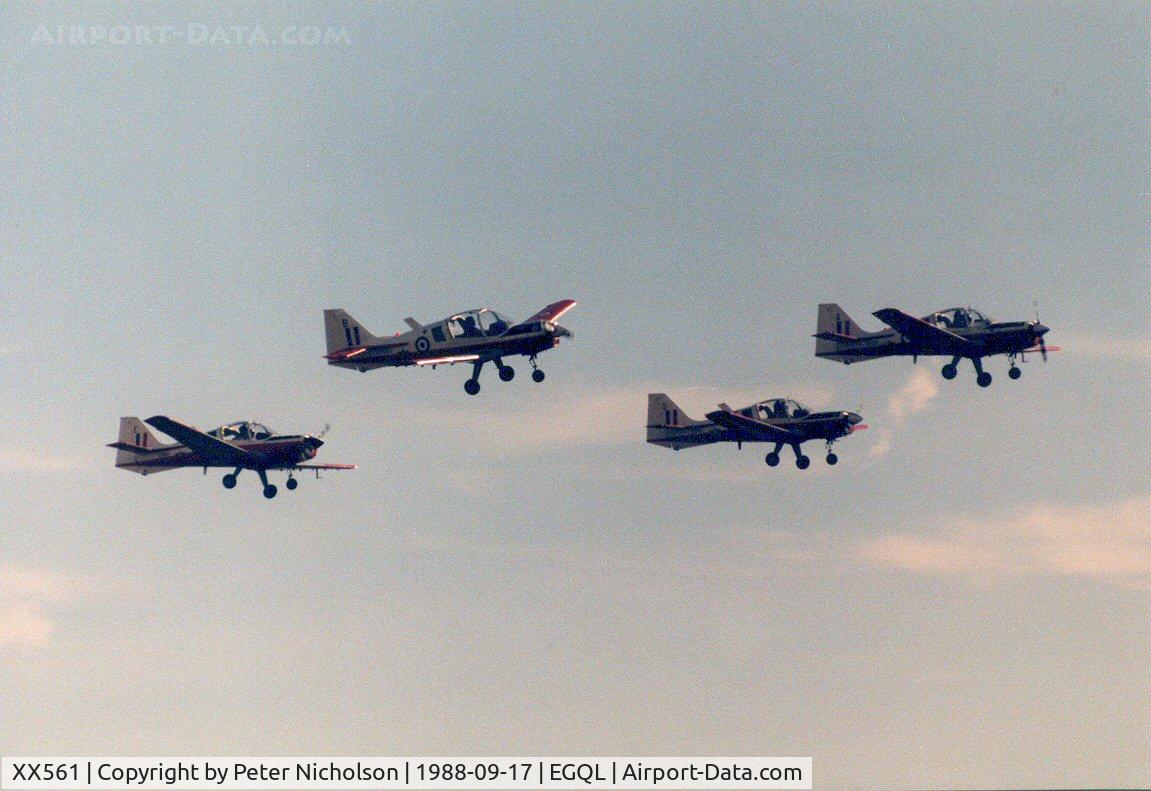 XX561, 1974 Scottish Aviation Bulldog T.1 C/N BH120/257, Bulldog T.1 coded A leading a formation of the Aberdeen & St. Andrews University Air Squadron at the 1988 RAF Leuchars Airshow - others are XX663/B, XX665/E and XX667/D
