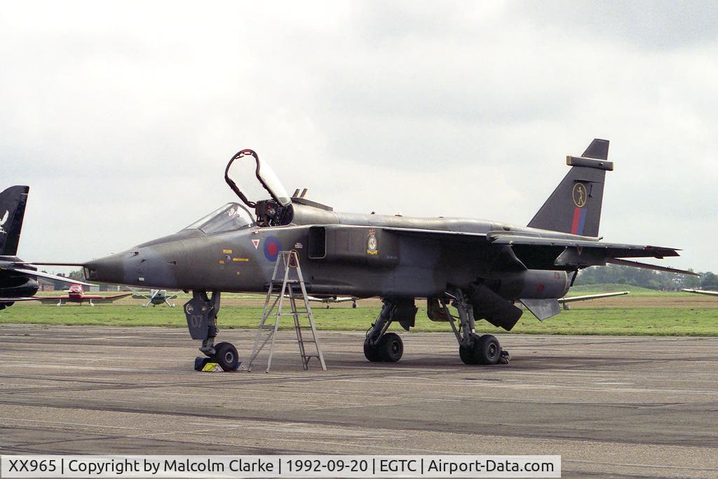XX965, 1975 Sepecat Jaguar GR.1A C/N S.87, Sepecat Jaguar GR1A. From RAF No 16(R) Sqn Lossiemouth at Cranfield's Dreamflight Airshow in 1992.