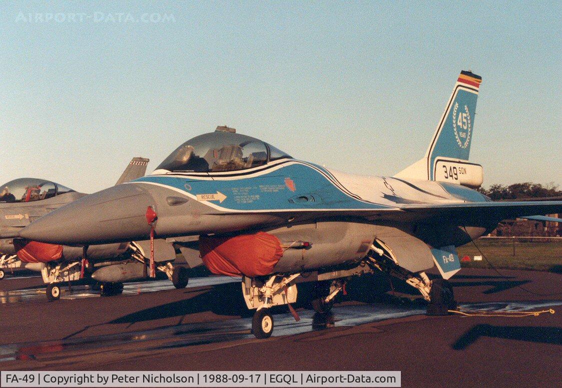 FA-49, SABCA F-16A Fighting Falcon C/N 6H-49, F-16A Falcon in 45th anniversary markings of 349 Squadron Belgian Air Force on display at the 1988 RAF Leuchars Airshow.
