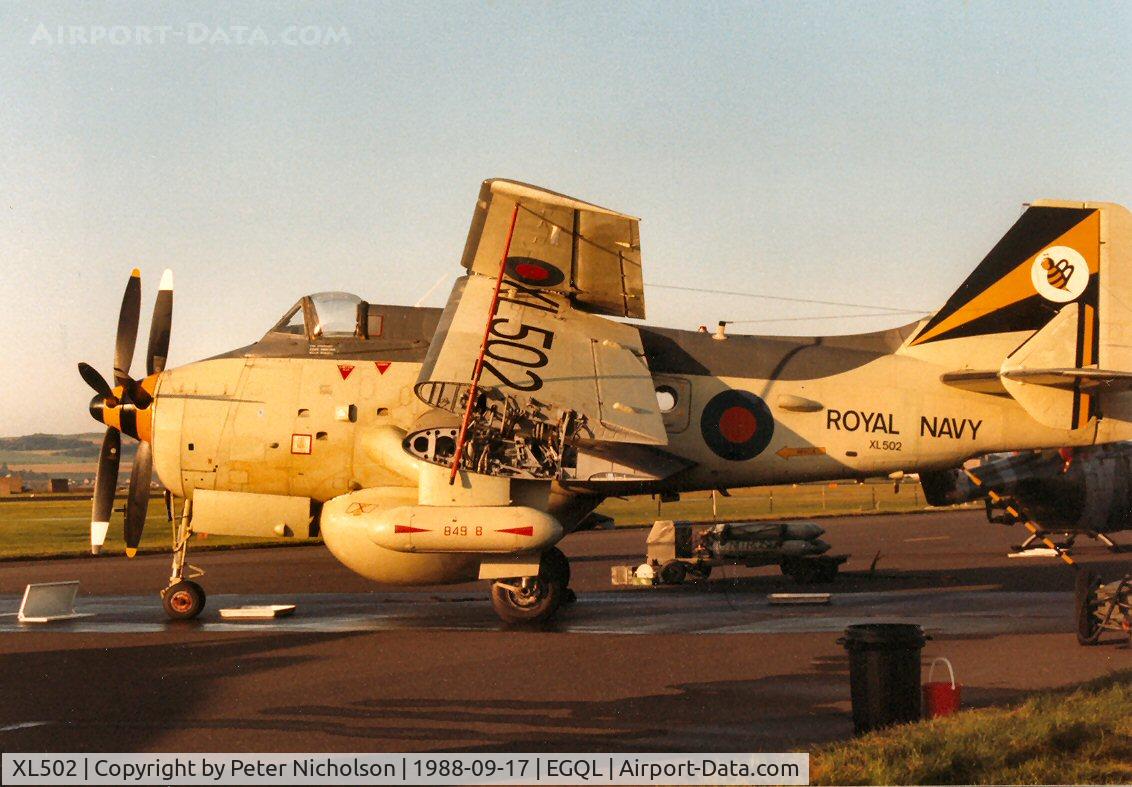 XL502, 1961 Fairey Gannet AEW.3 C/N F9461, Gannet AEW.3 on civil register but still in 849 Squadron markings on display at the 1988 RAF Leuchars Airshow.