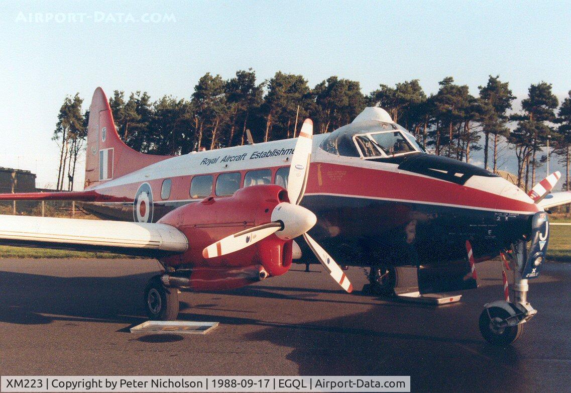 XM223, 1957 De Havilland DH-104 Devon C.2 C/N 04498, Royal Aircraft Establishment Devon C.2 from West Freugh was on display at the 1988 RAF Leuchars Airshow.