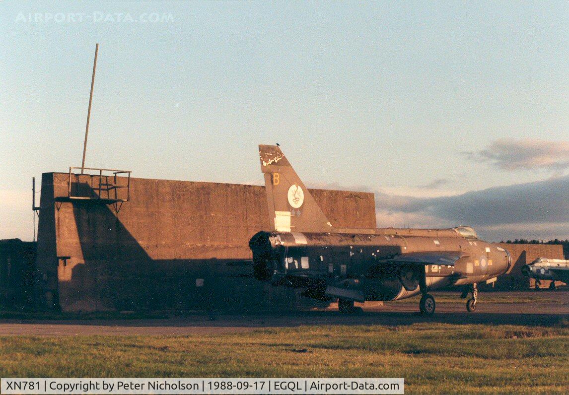 XN781, 1962 English Electric Lightning F.2A C/N 95134, Lightning F.2A of 92 Squadron was a decoy in the blast pens at the 1988 RAF Leuchars Airshow.