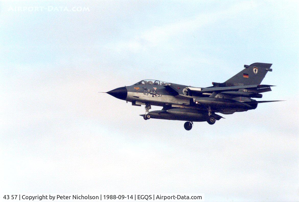 43 57, Panavia Tornado IDS C/N 151/GS030/4057, Tornado IDS of MFG-1 on final approach to Runway 23 at RAF Lossiemouth in September 1988.