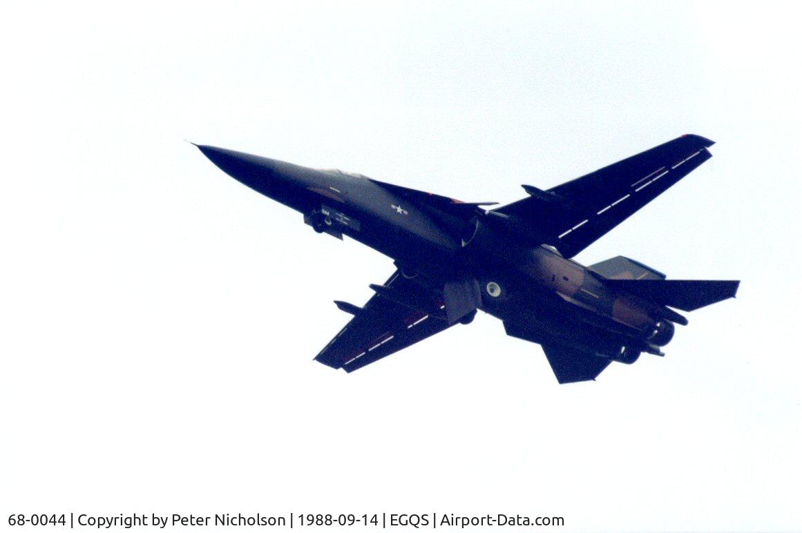 68-0044, 1968 General Dynamics F-111E Aardvark C/N A1-213, F-111E of RAF Upper Heyford's 55th Tactical Fighter Squadron/20th Tactical Fighter Wing over-shooting RAF Lossiemouth in September 1988.