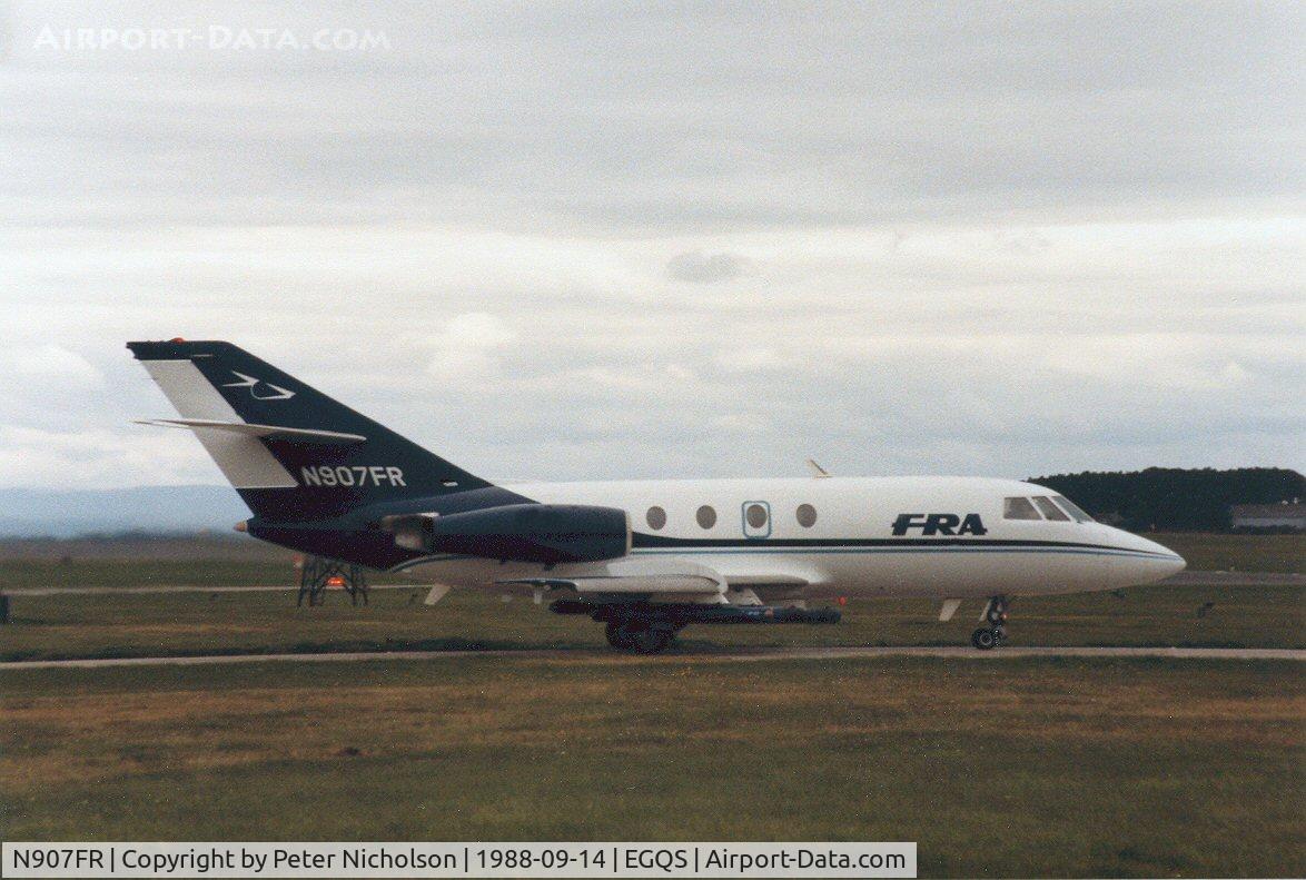 N907FR, Dassault Fan Jet Falcon (20D) C/N 224, Complete with ECM jamming pods, this FRA Falcon prepares to join Runway 23 at RAF Lossiemouth for a training mission in September 1988.