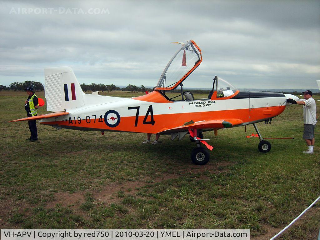 VH-APV, 1976 New Zealand CT-4A Airtrainer C/N 074, Taken at Melton, Victoria, airfield, at the airshow commemorating the 100th anniversary of the first controlled powered flight in Australia on 18 March 1910 by Harry Houdini