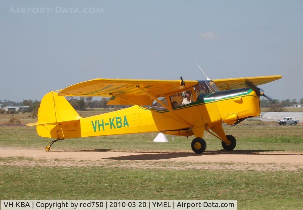 VH-KBA, 1950 Auster J-5 Adventurer C/N 2895, Taken at Melton, Victoria, airfield, at the airshow commemorating the 100th anniversary of the first controlled powered flight in Australia on 18 March 1910 by Harry Houdini