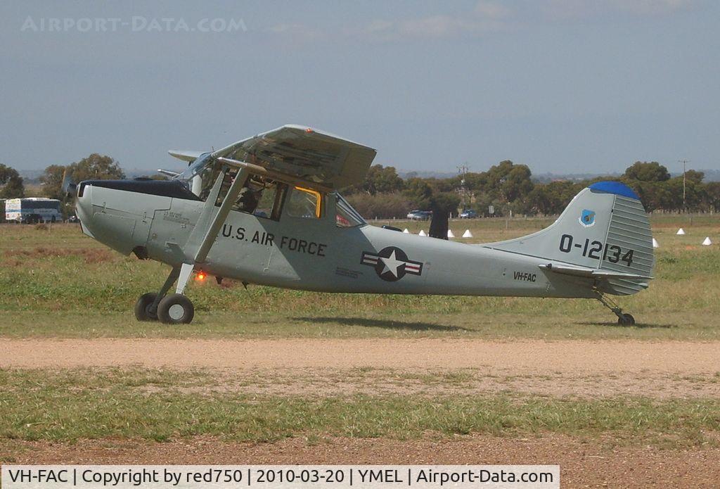 VH-FAC, 1952 Cessna O-1G Bird Dog C/N 22448, Taken at Melton, Victoria, airfield, at the airshow commemorating the 100th anniversary of the first controlled powered flight in Australia on 18 March 1910 by Harry Houdini
