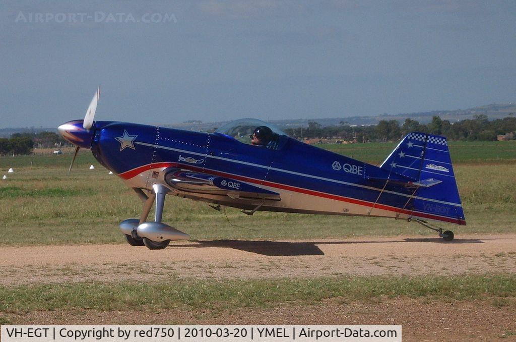 VH-EGT, 2005 Rihn DR-107 One Design C/N 001, DR107 One Design aerobatic aircraft. Taken at Melton, Victoria, airfield, at the airshow commemorating the 100th anniversary of the first controlled powered flight in Australia on 18 March 1910 by Harry Houdini.  